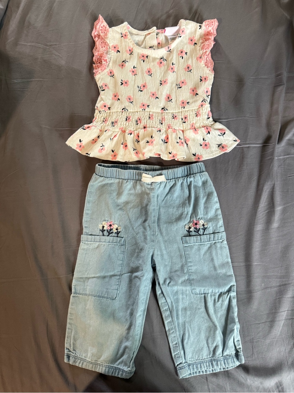 Pink Floral Ruffled Top & Light Blue Cargo Pants Set